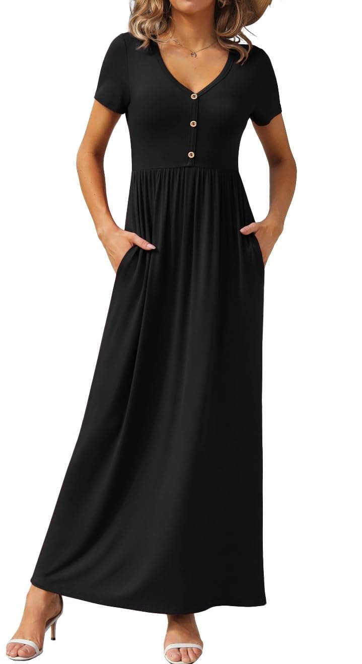 GRECERELLE Women's Short Sleeve Casual Maxi Dress V Neck High Waist Long Dresses with Pockets, Black, Large - Image 1