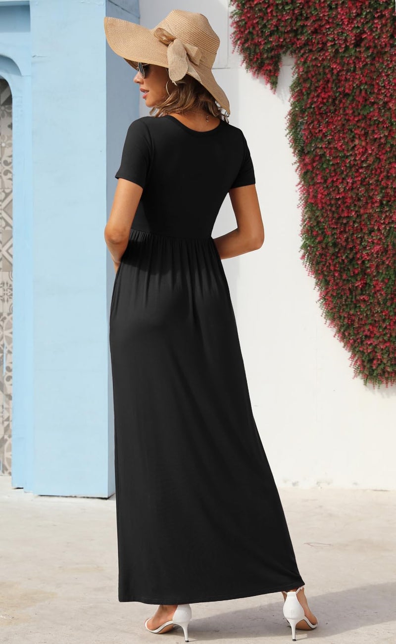 GRECERELLE Women's Short Sleeve Casual Maxi Dress V Neck High Waist Long Dresses with Pockets, Black, Large - Image 4