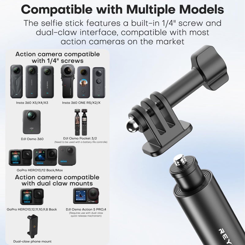 REYGEAK 51 Inch Invisible Selfie Stick for Insta360 X5,Extension Selfie Pole with Dual-Claws,Aluminum Waterproof Long Monopod for GoPro13/12/11/10/9/Osmo360/Action 5 Pro/4/3/Pocket 3 Accessories - Image 4