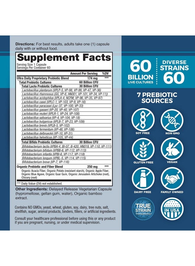 Vital Planet - Vital Flora Ultra Daily Probiotic 60 Billion CFU, Diverse Strains, Organic Prebiotics, Immune Support, Bloating Relief, Digestive Health Probiotics for Women and Men 60 Capsules - Image 2