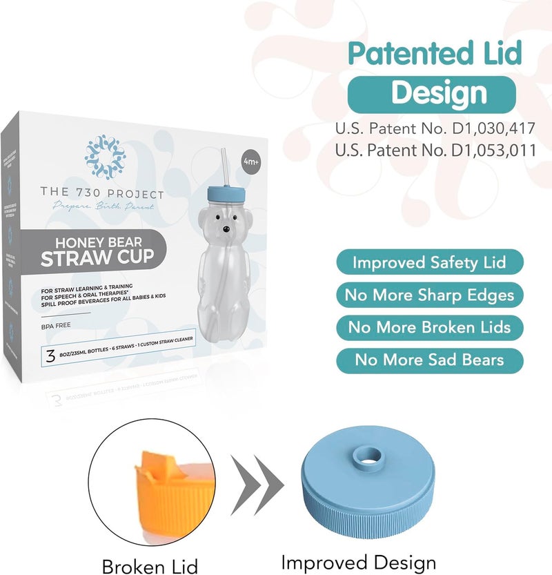 The 730 Project Honey Bear Straw Cup for Babies, 8-oz Honey Bear Cup with Lid, 3-Pack Therapy Learning Honeybear Straw, Baby Bottle Set, Blueberry Pie BLUE - Image 3