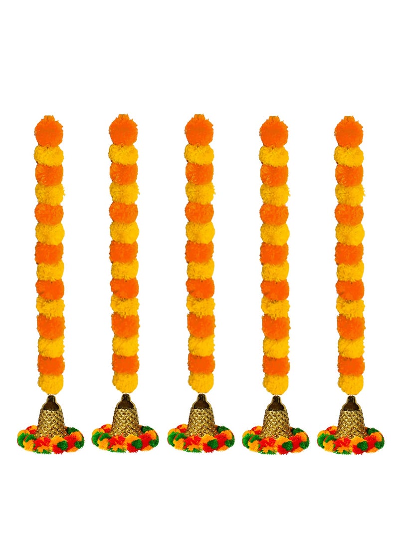 iHandikart iHandikart Marigold Garland Fluffy Artificial with Pom Pom Bell in The Bottom Size 33 inch Colour Yellow Light Orange Pack of 5 334055  - Image 1