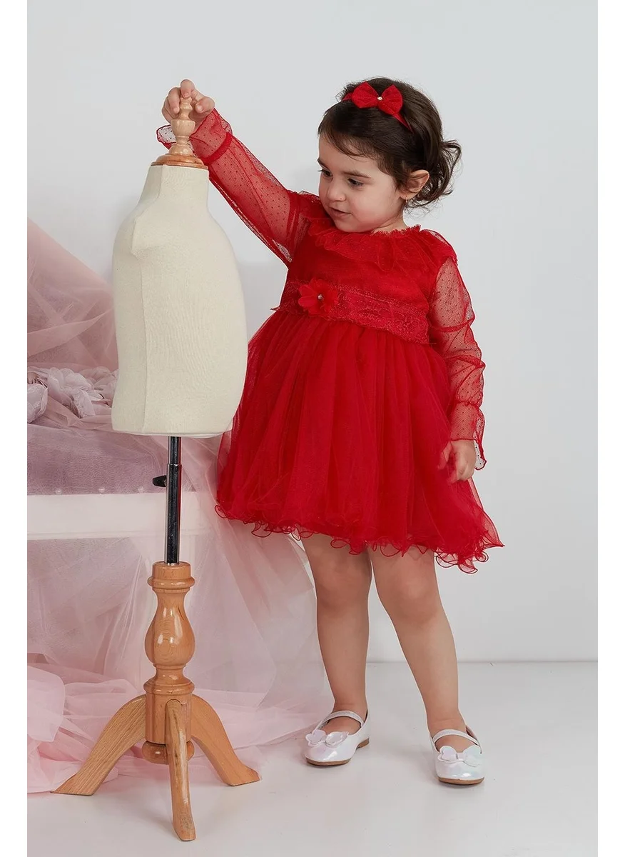 Babydola Minimony 6-24 Months Long Sleeve Tulle Collar Baby Girl Child Festive Evening Dress Wedding Dress 1003