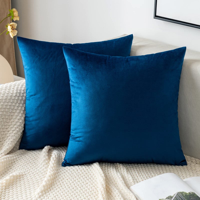 EMEMA Pack of 2 Velvet Throw Pillow Covers Decorative Square Pillowcase Soft Solid Cushion Case for Sofa Bedroom Chair Car 24x24 Inch Dark Blue - Image 1