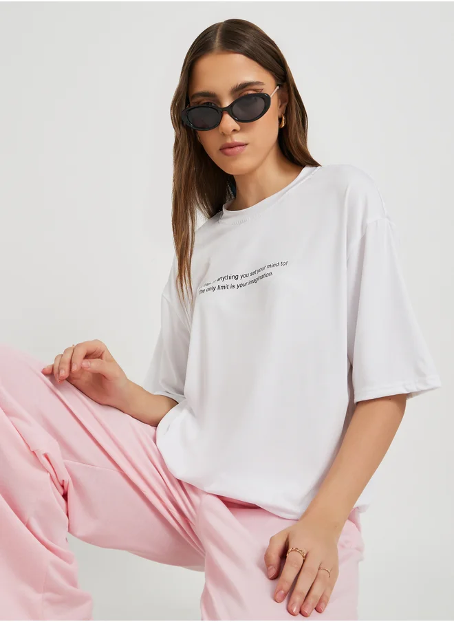 Styli Slogan Print Round Neck Oversized T-Shirt