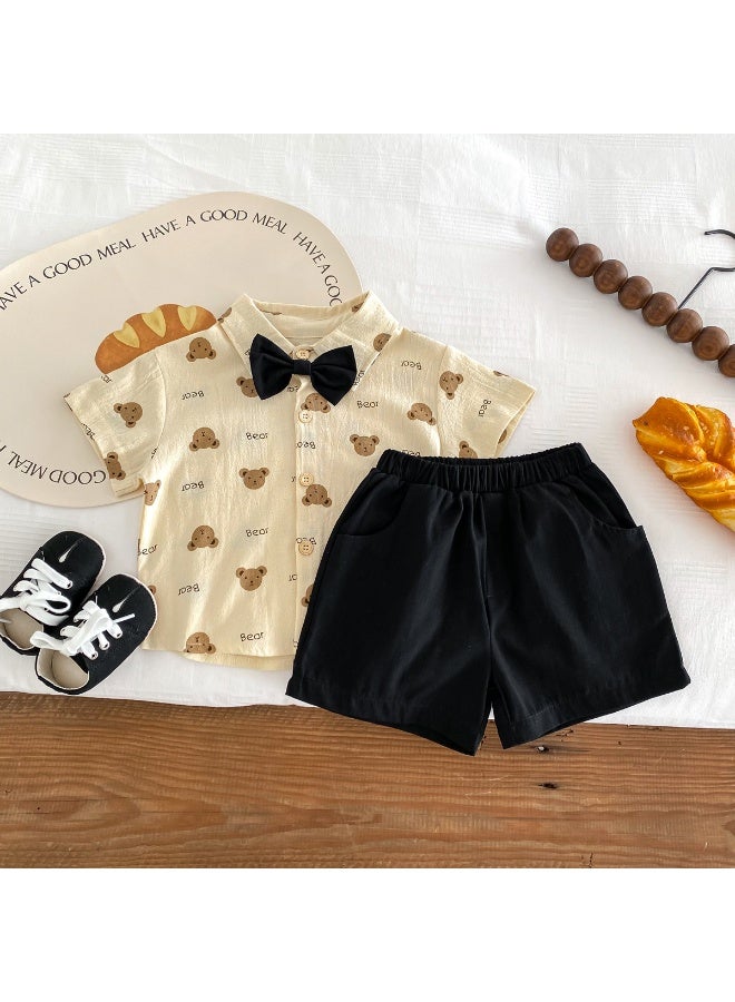 2 Piece Comortable Clothing Set for Toddler Boys, Adorable Shirt and Shorts Set, Stylish Summer Outfit with Bear Print Top and Solid Short Pants