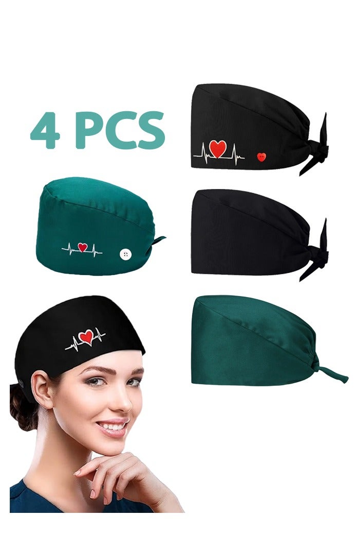Unewshi Pack of 4 Surgical Caps for Female and Male, Cotton Nursing Cap, Working Cap,Adjustable Cotton Working Hats,Sweatband Cotton Ponytail Holder, Long Hair Head Covers Hair Caps,Nurse hat with buttons - Image 1