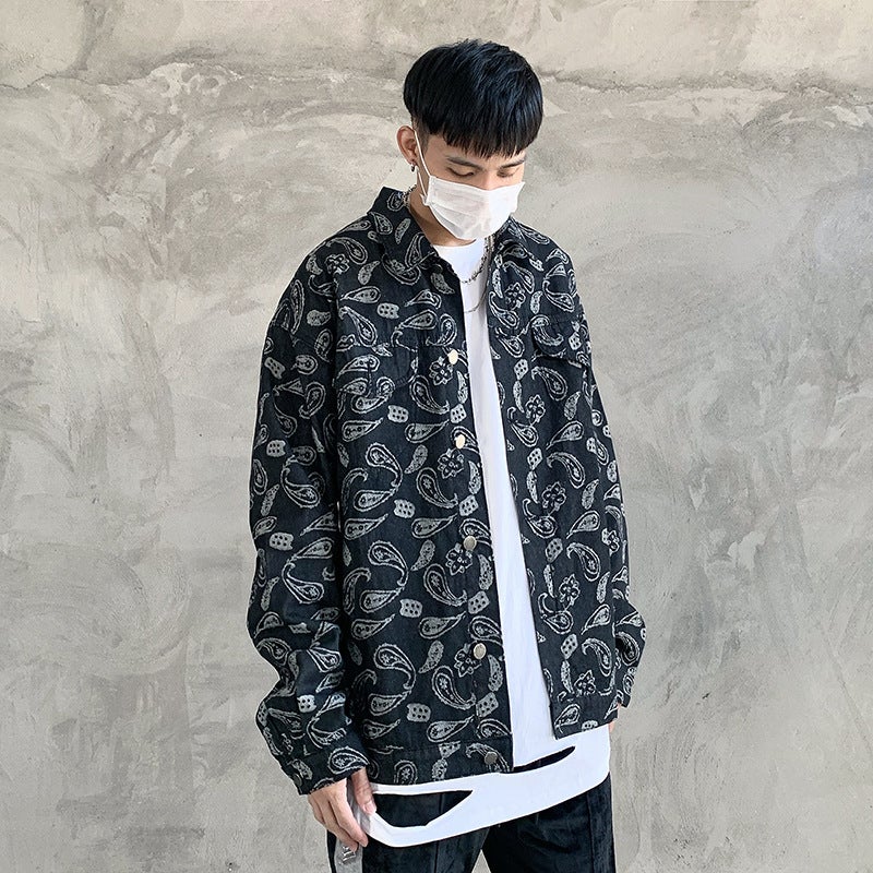 Street Retro Hip Hop Fashion Brand West Coast Cashew Flower Full Print Loose Denim Jacket For Men And Women - Image 4