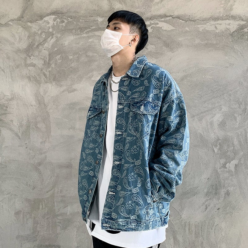 Street Retro Hip Hop Fashion Brand West Coast Cashew Flower Full Print Loose Denim Jacket For Men And Women - Image 3