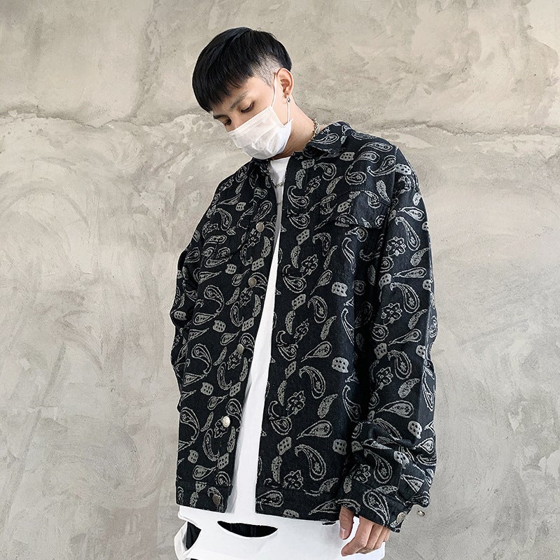 Street Retro Hip Hop Fashion Brand West Coast Cashew Flower Full Print Loose Denim Jacket For Men And Women - Image 5