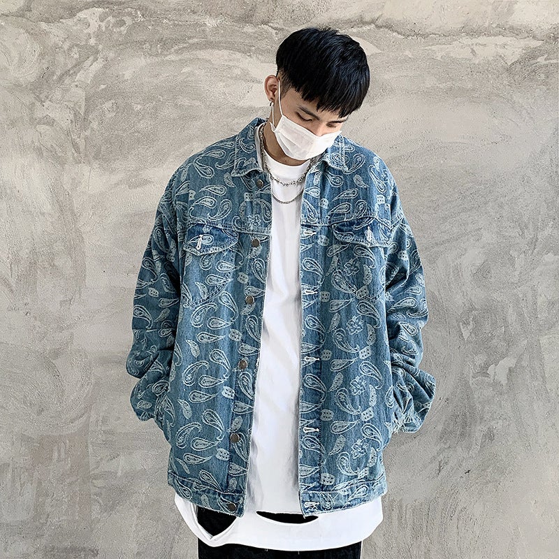 Street Retro Hip Hop Fashion Brand West Coast Cashew Flower Full Print Loose Denim Jacket For Men And Women - Image 2