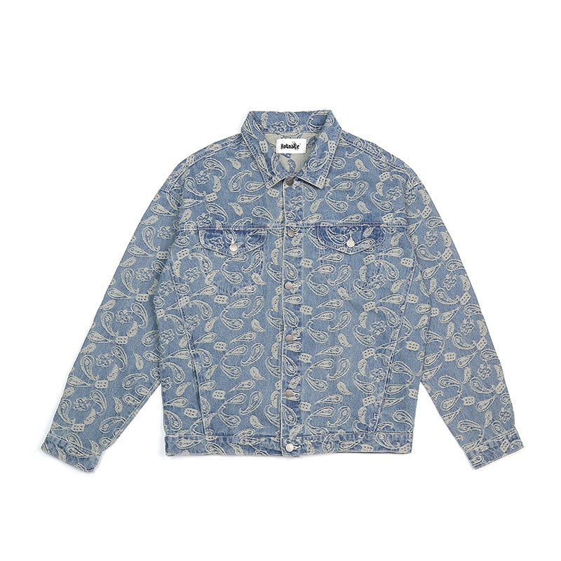 Street Retro Hip Hop Fashion Brand West Coast Cashew Flower Full Print Loose Denim Jacket For Men And Women - Image 1