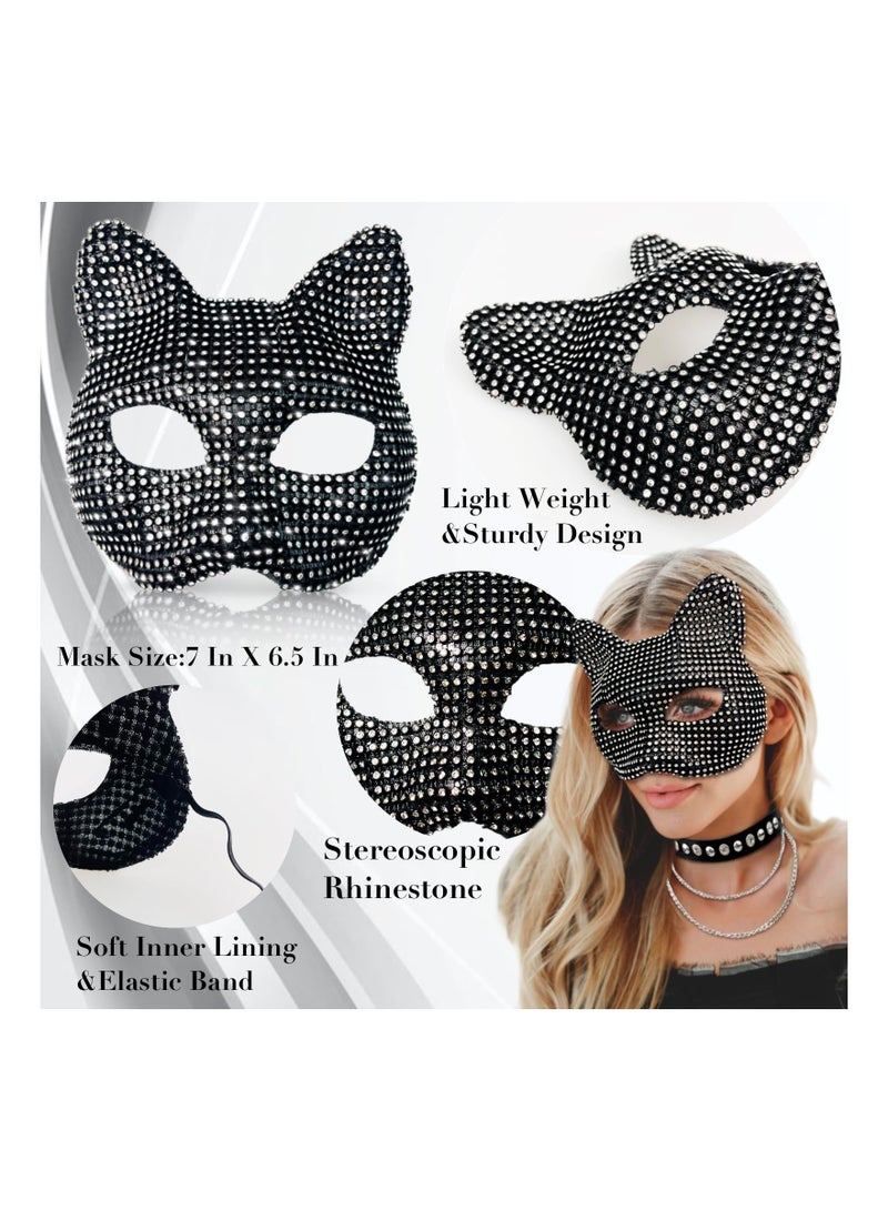 SYOSI Dazzling Cat Woman Costume Accessories Set - Rhinestone Masquerade Mask, Adjustable Leather Collar Choker, Shiny Silver Cat Gloves with Claw Nails, and Flexible Tail - Perfect for Parties, and Cosplay - Image 2