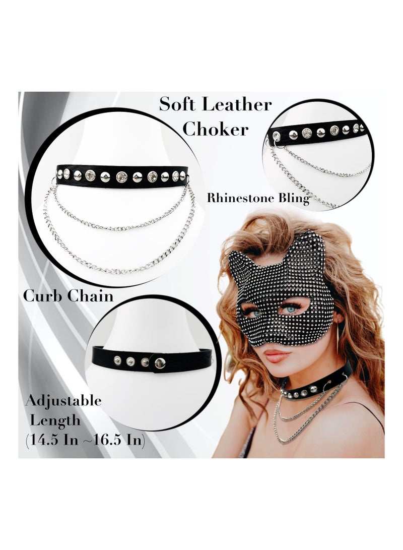 SYOSI Dazzling Cat Woman Costume Accessories Set - Rhinestone Masquerade Mask, Adjustable Leather Collar Choker, Shiny Silver Cat Gloves with Claw Nails, and Flexible Tail - Perfect for Parties, and Cosplay - Image 3