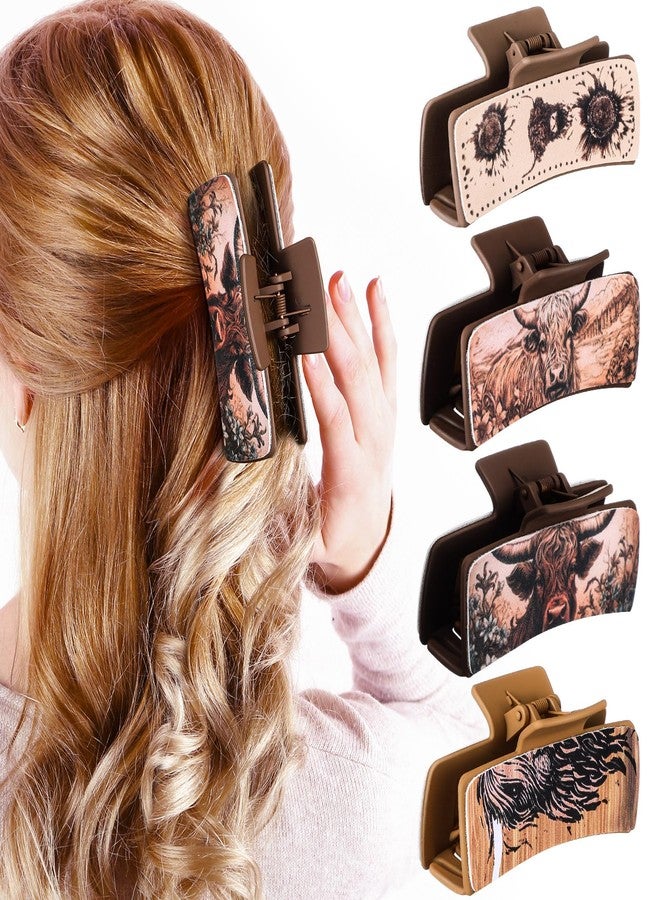 FineCheer 4 Pcs Western Leather Hair Claw Clips Bulk Cow Print Highland Cattle Hair Accessories Claw Clips Western Cowgirl Accessories Gifts for Girls Women Country Stuff Party Gift (Cow) - Image 1