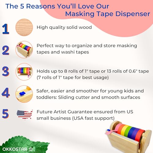 OKKOSTAR Wood Masking Tape Holder Kids Tape Dispenser Craft Tape Dispenser Multi Roll Tape Dispenser for Kids Washi Tape Dispenser Multi Tape Dispenser Sliding Cutter Masking Tape NOT Included - Image 3