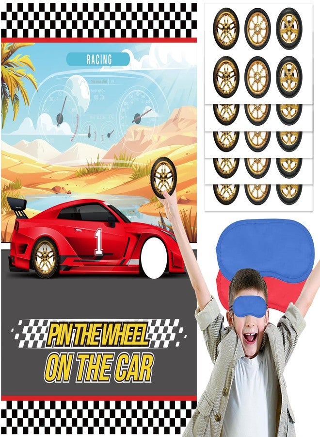 WNINK Pin The Wheels On The Car Games, Cars Party Game with 30 Gold Tyres Stickers, 2 Blindfolds for Car Theme Birthday Party - Image 1