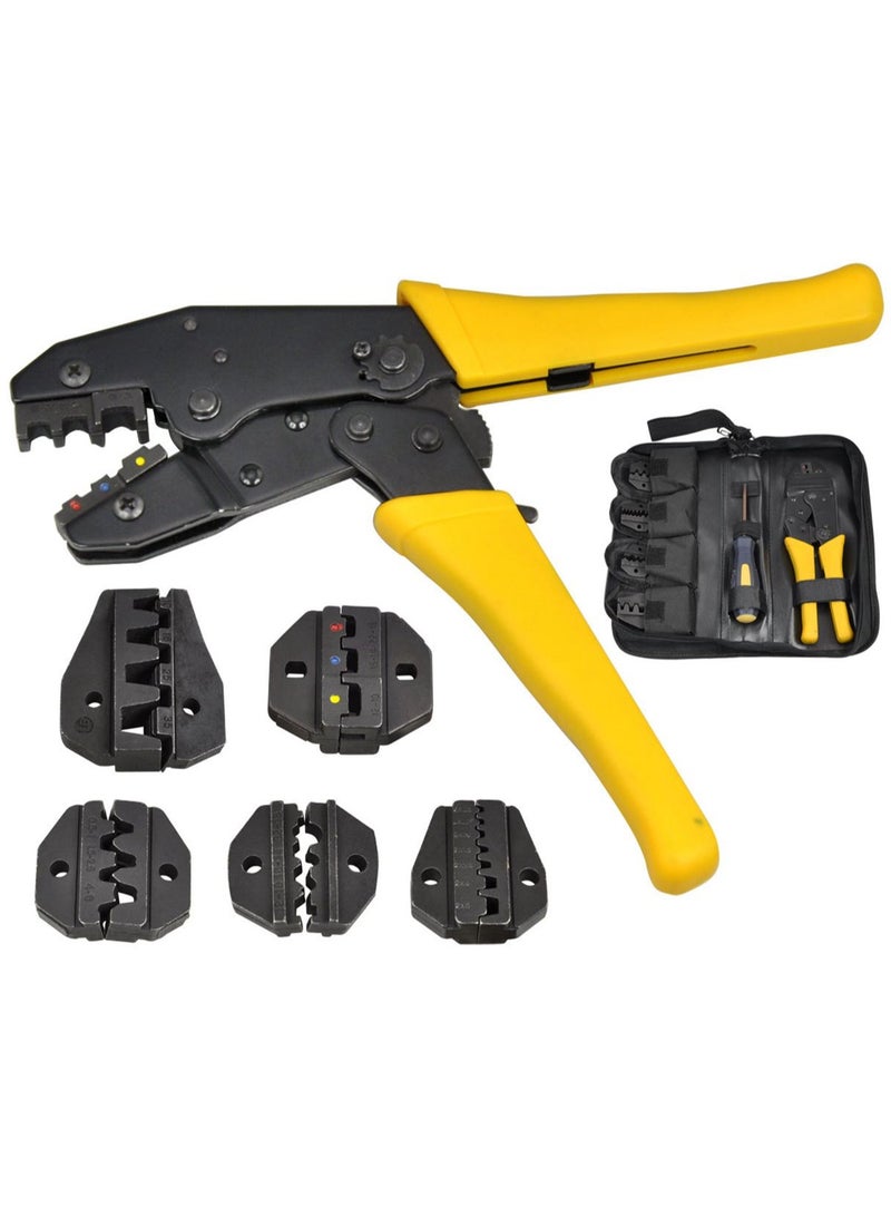 WISFOR Professional Crimping Tool Kit with Ratchet Wire Crimper Plier, 5 Interchangeable Jaws, Wire Stripper, Screwdriver and Oxford Storage Bag for Electrician Tools and Cable Connectors - Image 1
