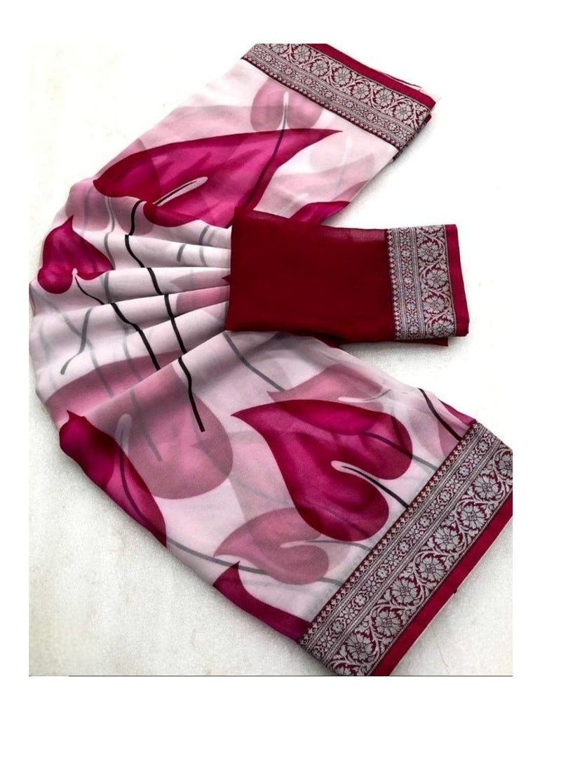 Grab Mantra Georgette Beautiful White Base Pink Leaf Printed Saree With Traditional Border Plus Unstitched Blouse  - Image 3