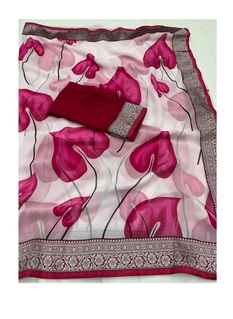 Grab Mantra Georgette Beautiful White Base Pink Leaf Printed Saree With Traditional Border Plus Unstitched Blouse  - Image 4
