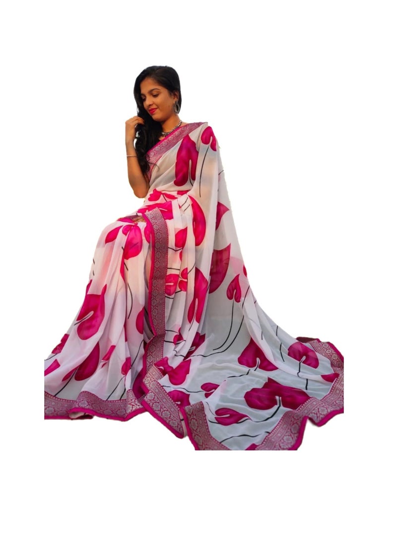 Grab Mantra Georgette Beautiful White Base Pink Leaf Printed Saree With Traditional Border Plus Unstitched Blouse  - Image 1