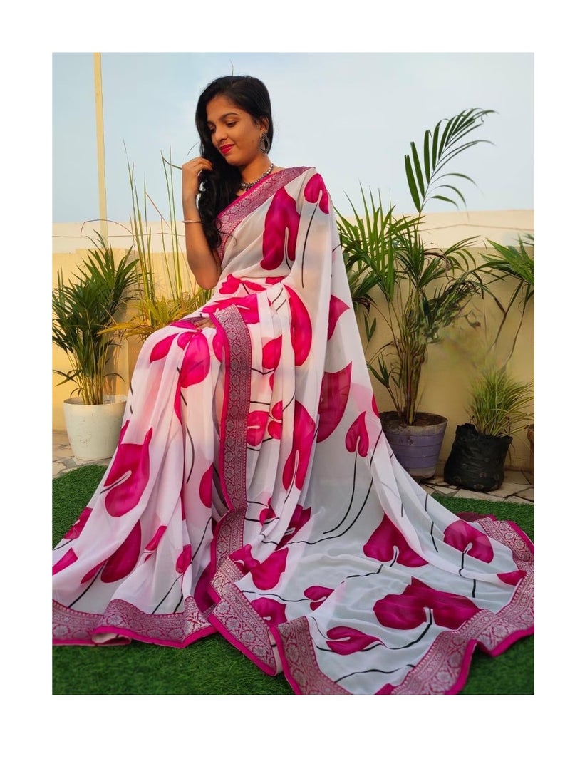 Grab Mantra Georgette Beautiful White Base Pink Leaf Printed Saree With Traditional Border Plus Unstitched Blouse  - Image 2