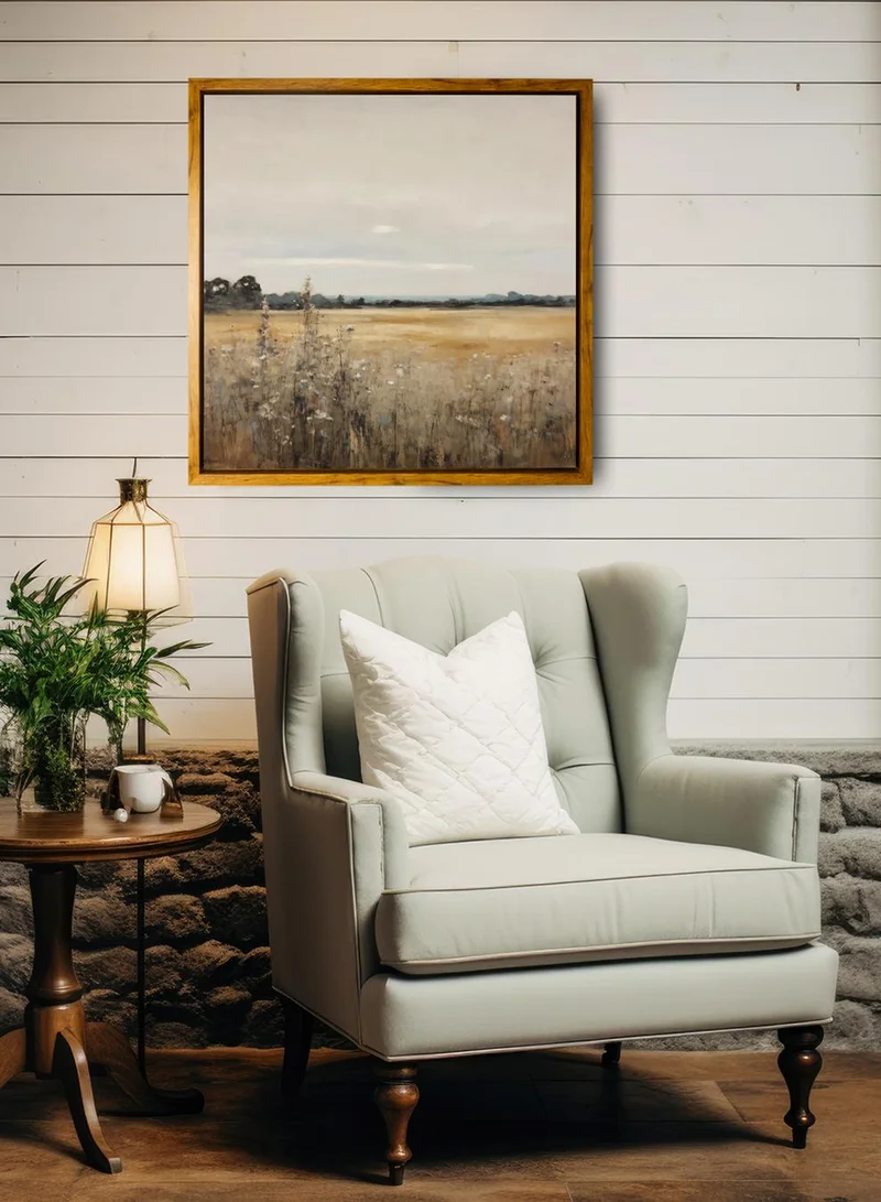 LOWHA Canvas Wall Art Stretched Over Wooden Frame with Wooden Color Floating Frame and Vintage Style Field of Serenity Painting