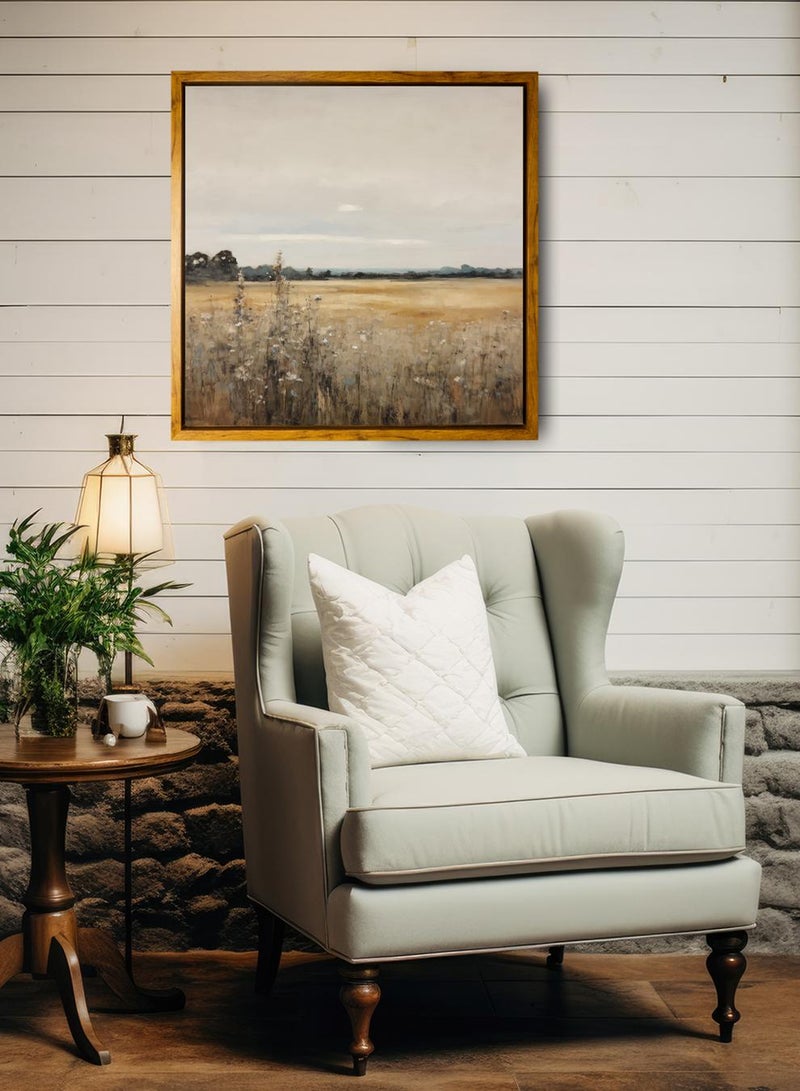 لوحة كانفاس على إطار خشبي بإطار خارجي باللون الخشبي وتصميم منظر كلاسيكي لحقل هادئ - Image 3