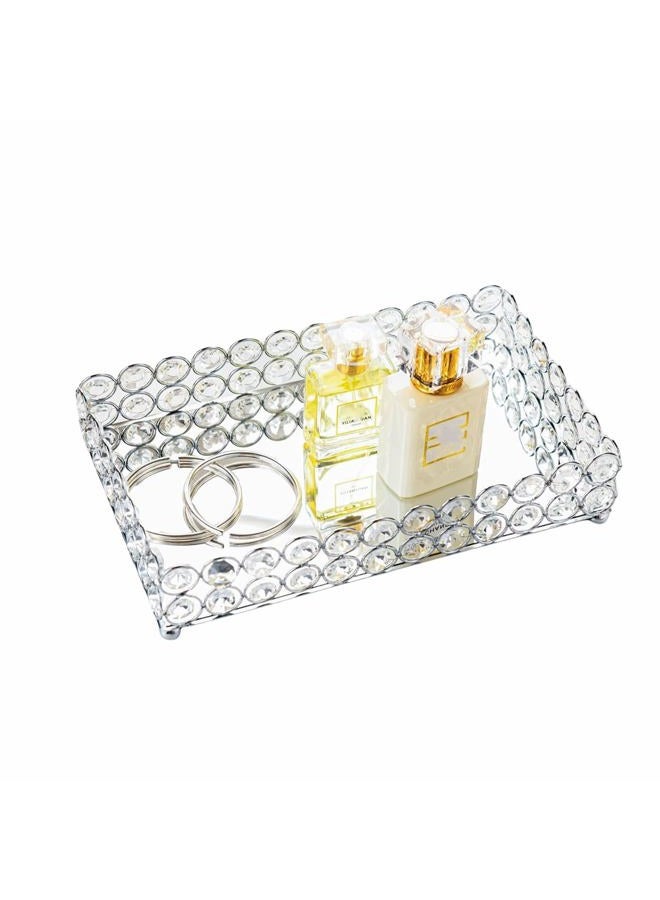 Feyarl Crystal Beads Cosmetic Tray Rectangle Jewelry Organizer Tray Mirrored Decorative Tray (Silver) - Image 1
