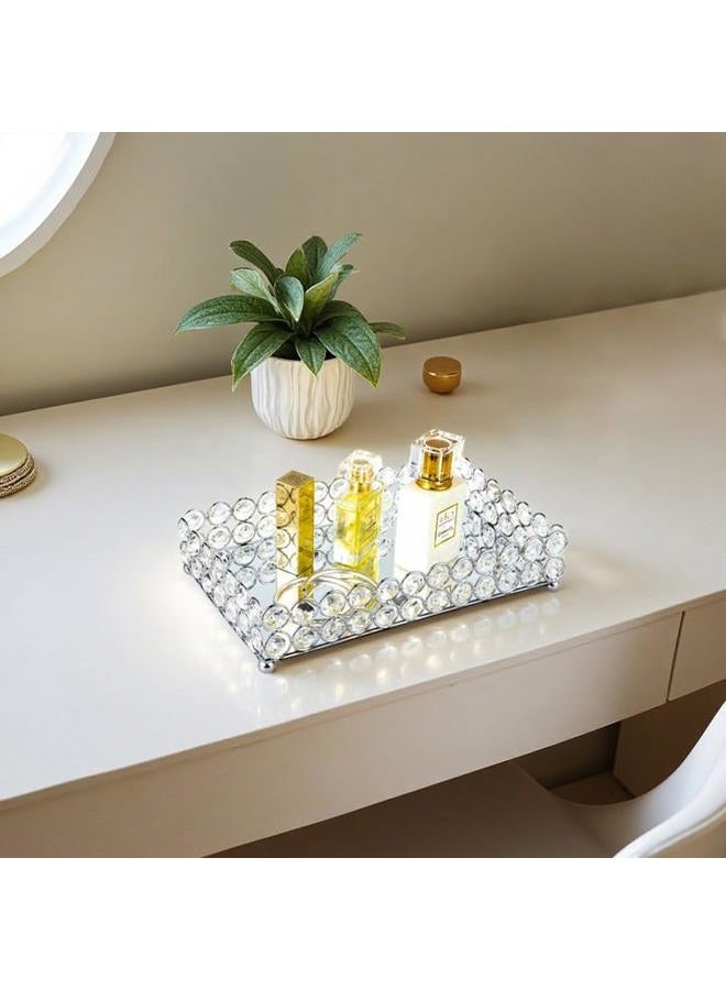 Feyarl Crystal Beads Cosmetic Tray Rectangle Jewelry Organizer Tray Mirrored Decorative Tray (Silver) - Image 5
