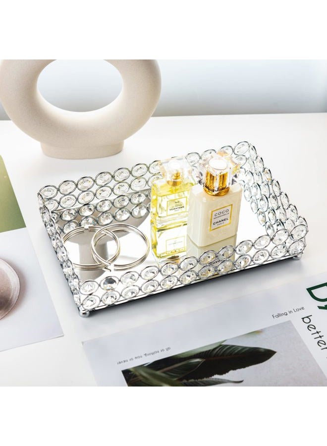 Feyarl Crystal Beads Cosmetic Tray Rectangle Jewelry Organizer Tray Mirrored Decorative Tray (Silver) - Image 4