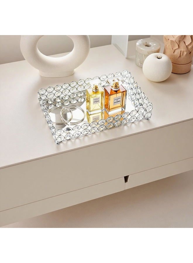 Feyarl Crystal Beads Cosmetic Tray Rectangle Jewelry Organizer Tray Mirrored Decorative Tray (Silver) - Image 3