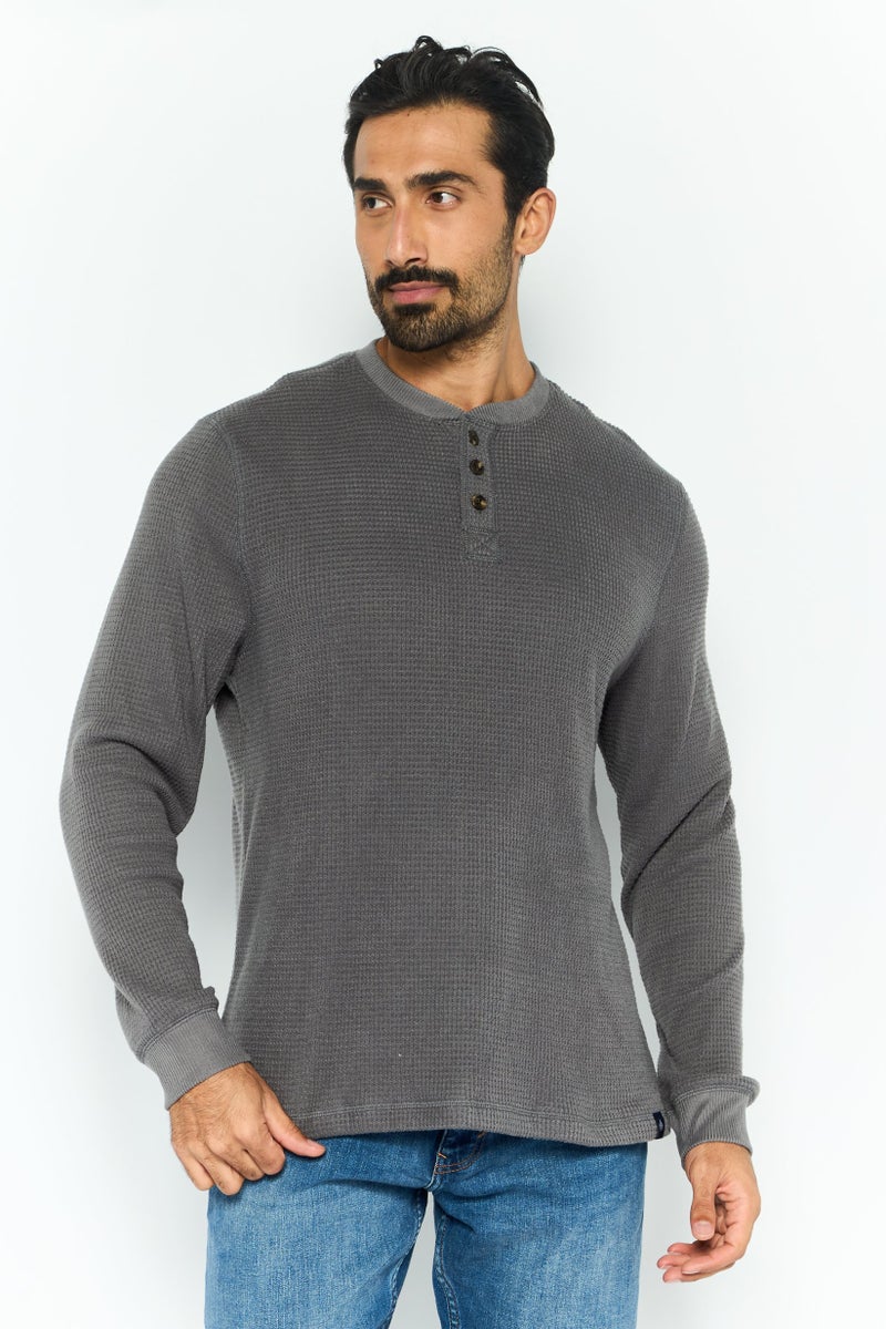 Rainforest Men Henley Neckline Textured Long Sleeves Sweatshirt, Grey - Image 1