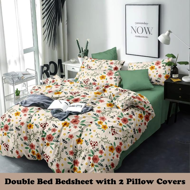 Ship Smart Polycotton Double Bed Bedsheet, Flat Sheet with 2 Pillow Covers, Queen (90x100 inch), 300 TC, Yellow & Cream, Set of 3 - Image 2