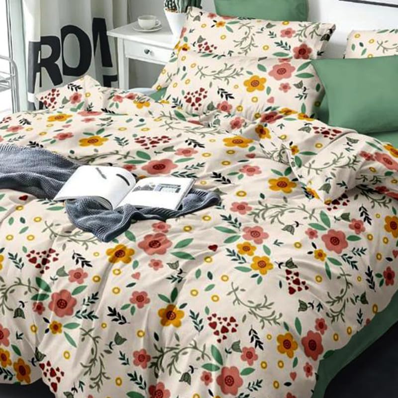 Ship Smart Polycotton Double Bed Bedsheet, Flat Sheet with 2 Pillow Covers, Queen (90x100 inch), 300 TC, Yellow & Cream, Set of 3 - Image 3