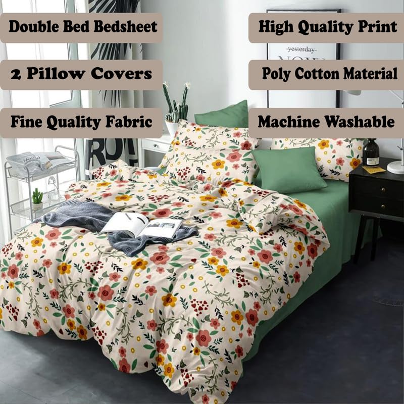 Ship Smart Polycotton Double Bed Bedsheet, Flat Sheet with 2 Pillow Covers, Queen (90x100 inch), 300 TC, Yellow & Cream, Set of 3 - Image 4