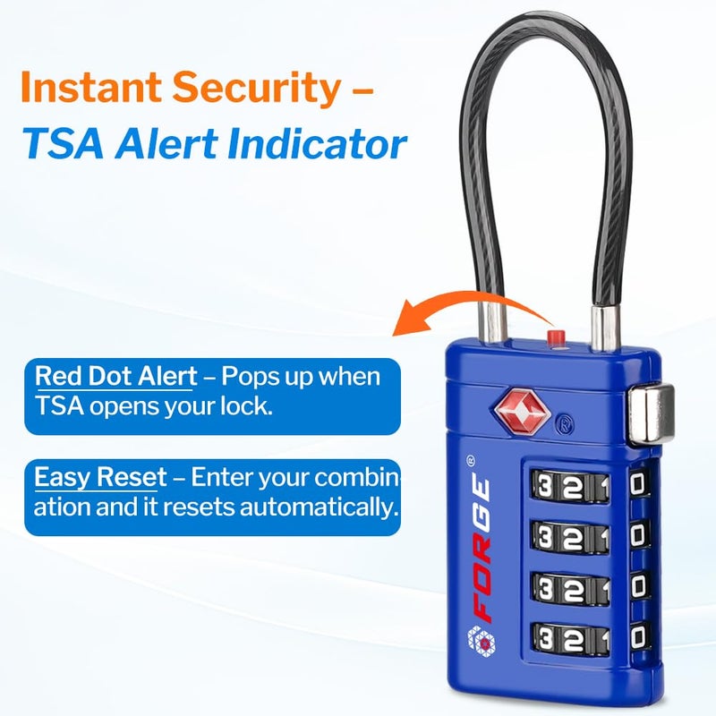أقفال أمتعة Forge معتمدة من TSA – أقفال سفر TSA برمز مكوّن من 4 أرقام مع TSA008، ومؤشر تنبيه عند الفتح، وهيكل من سبيكة الزنك للأمتعة وحقيبة السفر وحقيبة الظهر وغير ذلك، أسود 2 PK، أقفال كابل - Image 4