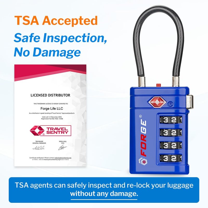 أقفال أمتعة Forge معتمدة من TSA – أقفال سفر TSA برمز مكوّن من 4 أرقام مع TSA008، ومؤشر تنبيه عند الفتح، وهيكل من سبيكة الزنك للأمتعة وحقيبة السفر وحقيبة الظهر وغير ذلك، أسود 2 PK، أقفال كابل - Image 2