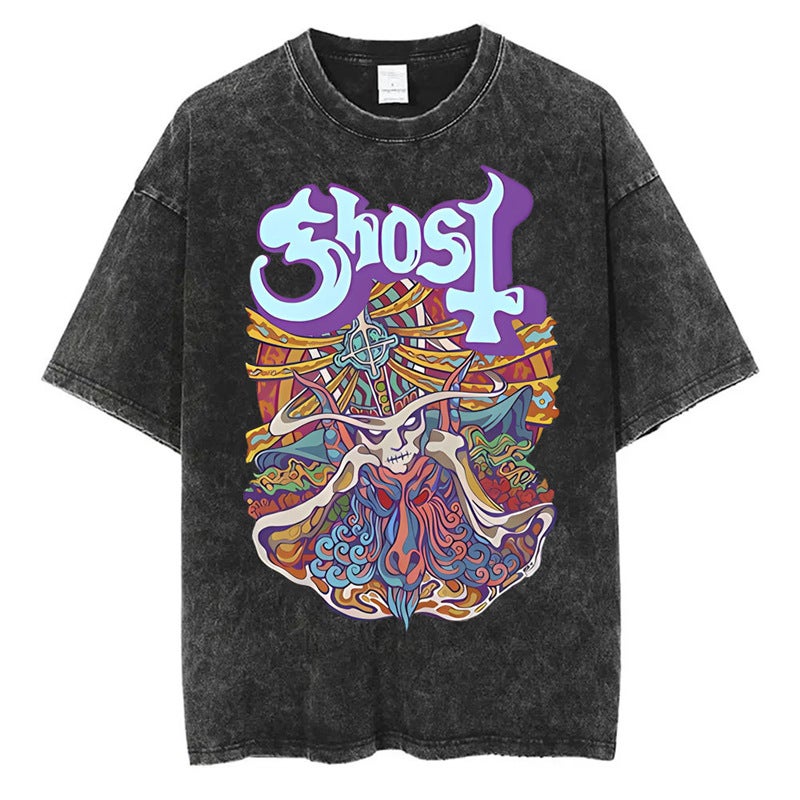 T-Shirt T-Shirt Band Station Gothic Comfortable Washed Men And Women Loose Ghost 2025 Independent Retro New Style - Image 1
