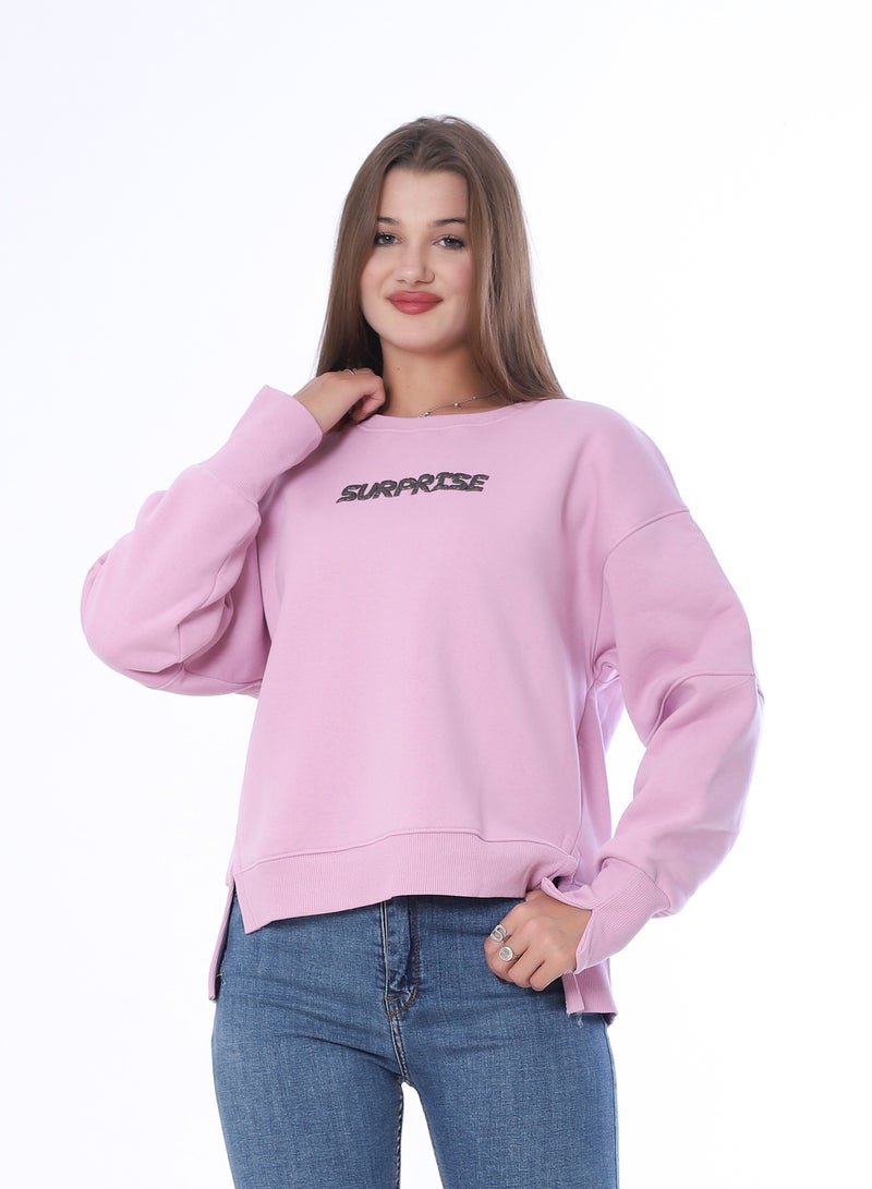 بيبو سويت شيرت نسائي، طباعة جرافيك، أكمام طويلة_بينك - Image 1