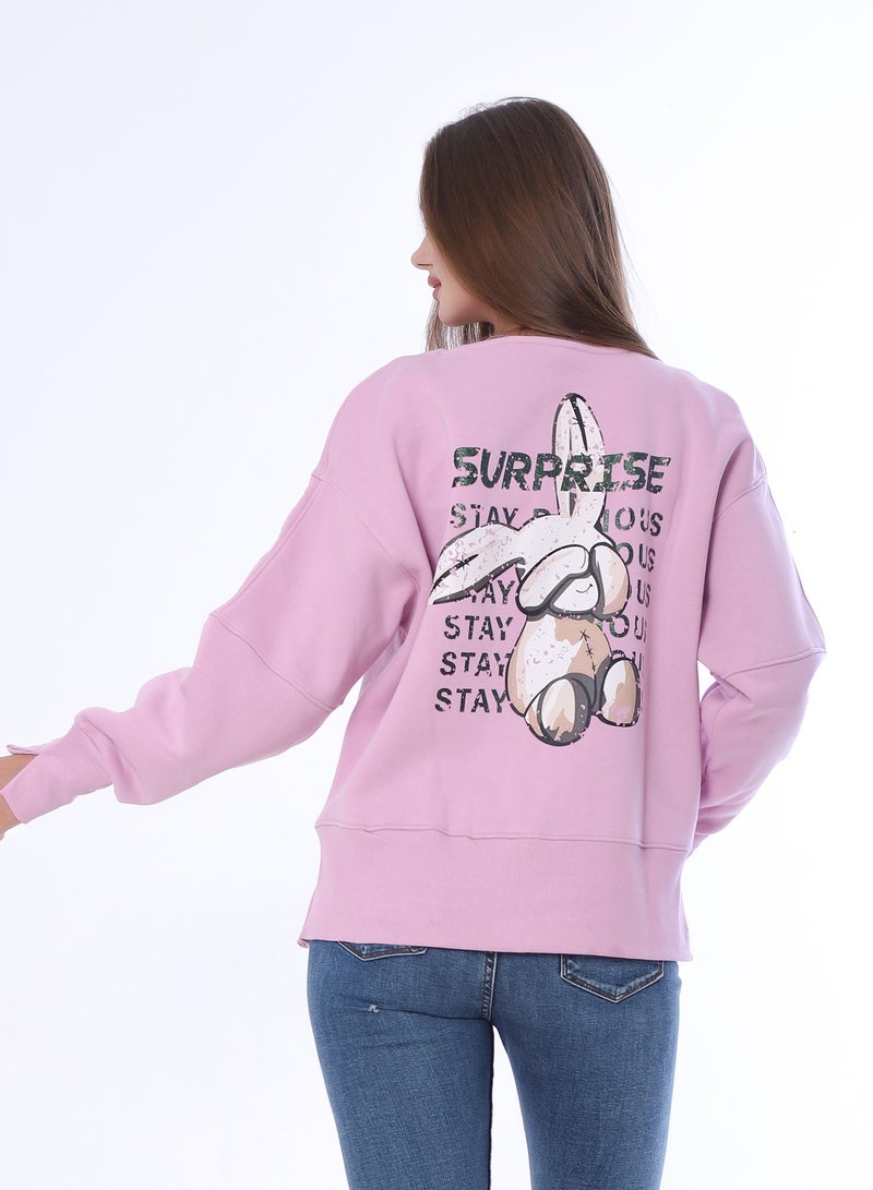 بيبو سويت شيرت نسائي، طباعة جرافيك، أكمام طويلة_بينك - Image 2