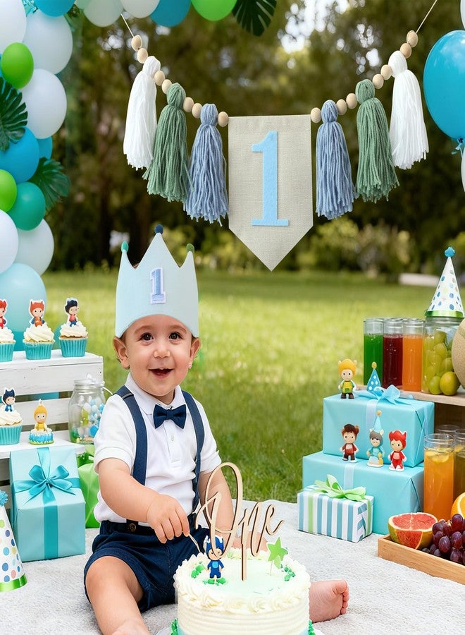 DCJHFJ Baby 1st Birthday Party Decorations For Handmade Tassel Garland Highchair Banner With One Cake Topper Blue Crown Hat - Image 4