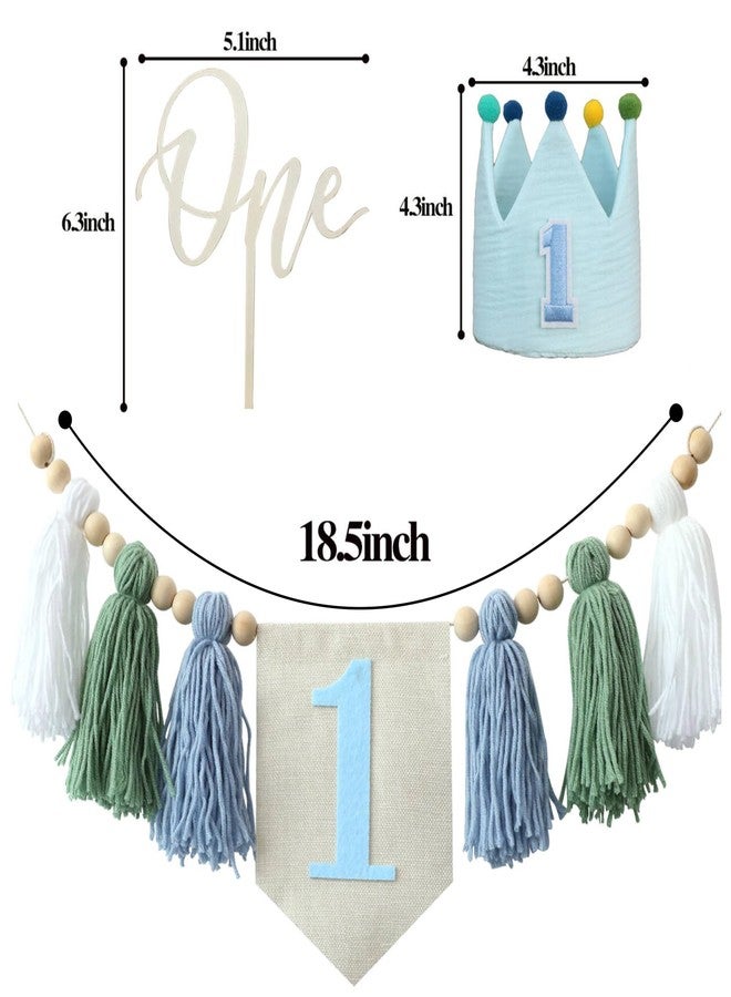 DCJHFJ Baby 1st Birthday Party Decorations For Handmade Tassel Garland Highchair Banner With One Cake Topper Blue Crown Hat - Image 5