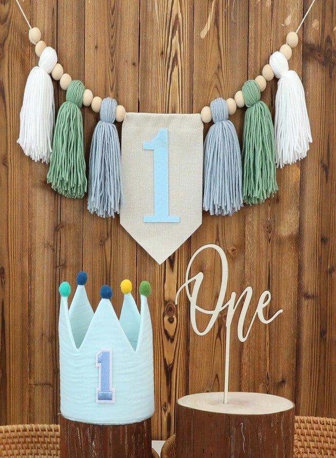 DCJHFJ Baby 1st Birthday Party Decorations For Handmade Tassel Garland Highchair Banner With One Cake Topper Blue Crown Hat - Image 2