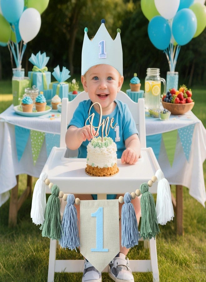 DCJHFJ Baby 1st Birthday Party Decorations For Handmade Tassel Garland Highchair Banner With One Cake Topper Blue Crown Hat - Image 3