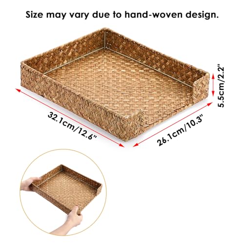 BTSKY Multipurpose A4 File Tray Natural Seagrass Desk Tray Organizer Woven Letter Size Desk Documents Trays Magazine Files Storage Basket Organizer Bin for Office Cosmetics Bathroom, Caramel - Image 4