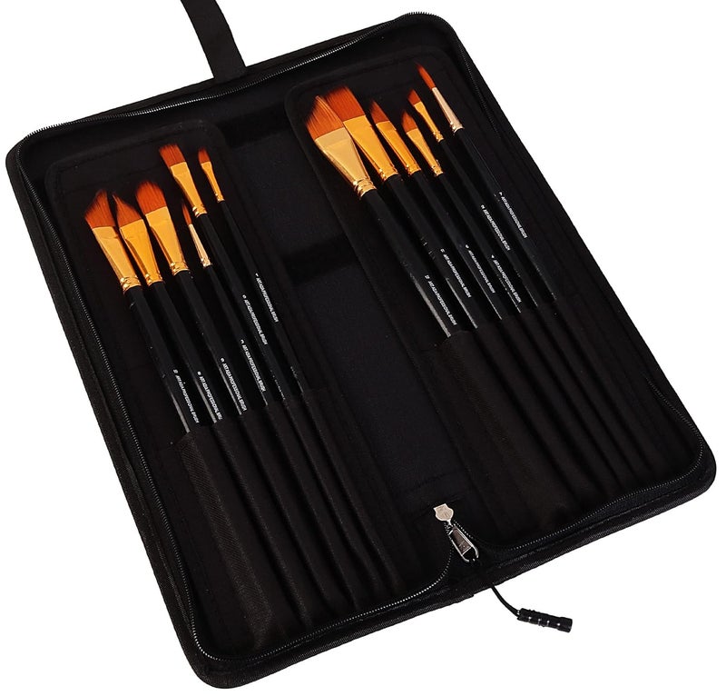 Kabeer Art Set Of 12 Exclusive Fine Art Long Handled Paint Brush + Zippered Carry Bag With Pop-Up Stand - For Oil Acrylic Watercolor Painting - Image 1