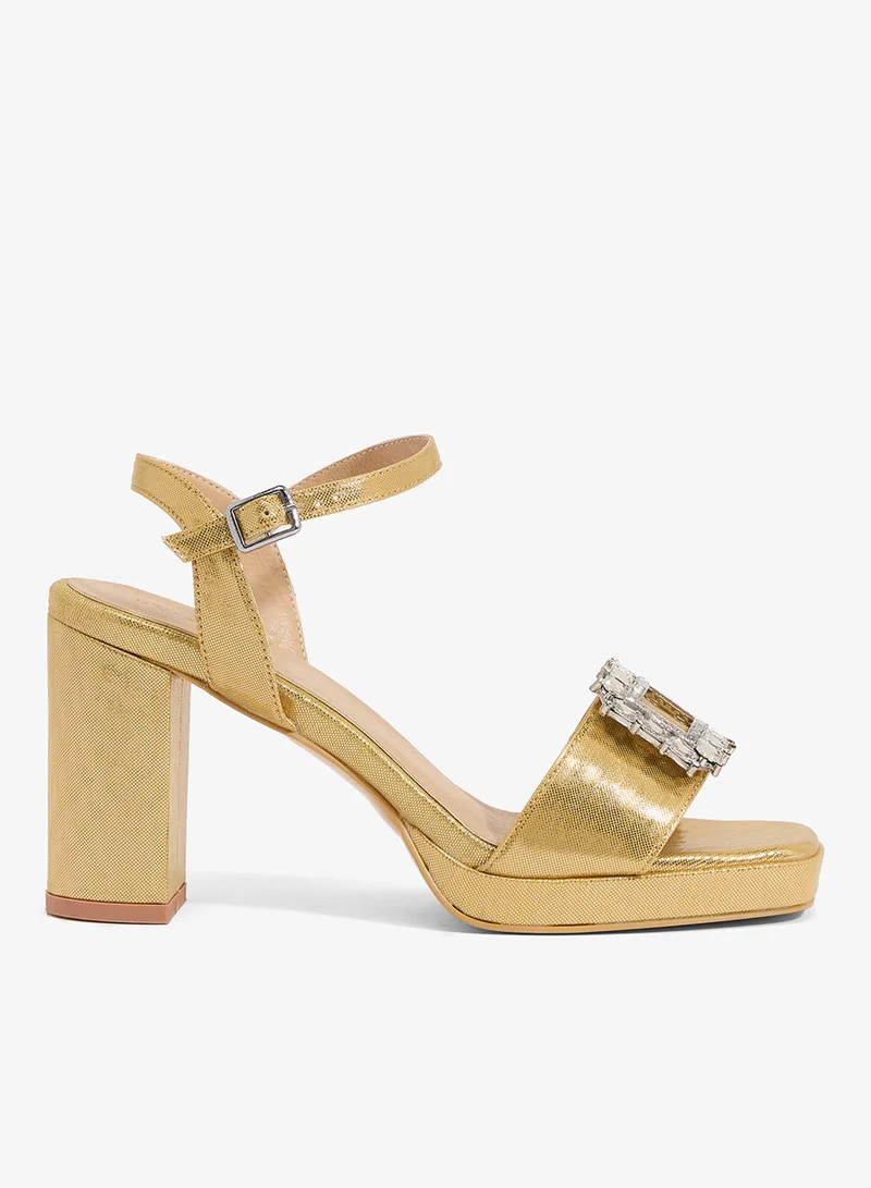 Gold platform sandal with buckle and square crystal detail