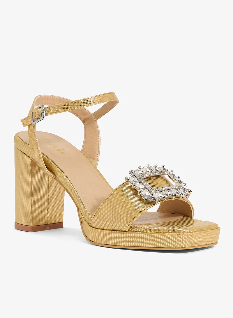 Khizana  Gold platform sandal with buckle and square crystal detail for Women | Best Price UAE