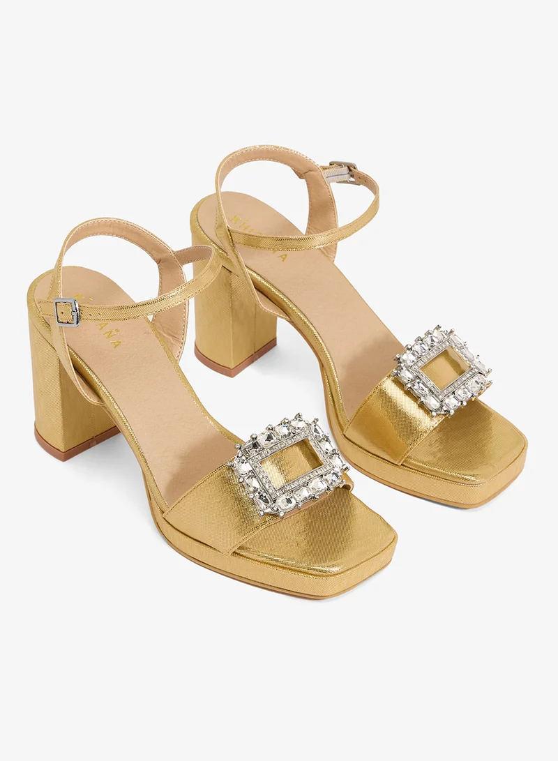 Khizana  Gold platform sandal with buckle and square crystal detail for Women | Best Price UAE